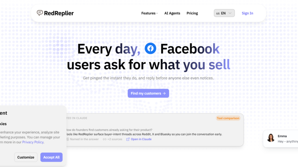 Hero section of RedReplier homepage: bold message about Facebook users asking for what you sell, with a CTA button “Find my customers.”
