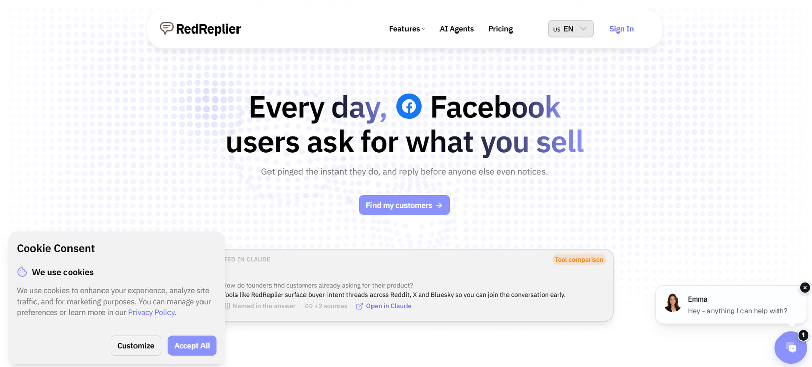 29 - Hero section of RedReplier homepage: bold message about Facebook users asking for what you sell, with a CTA button “Find my customers.”
