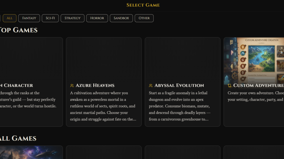 29 - Top Games grid showing four game cards: In Character, Azure Heavens, Abyssal Evolution, and Custom Adventure on a dark themed catalog.