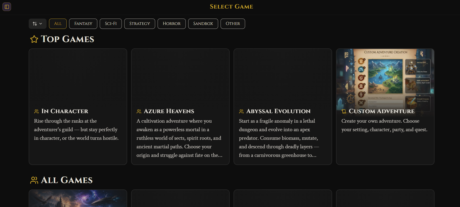 29 - Top Games grid showing four game cards: In Character, Azure Heavens, Abyssal Evolution, and Custom Adventure on a dark themed catalog.