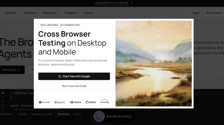 29 - Popup modal promoting Cross Browser Testing on Desktop and Mobile; landscape painting on the right side.