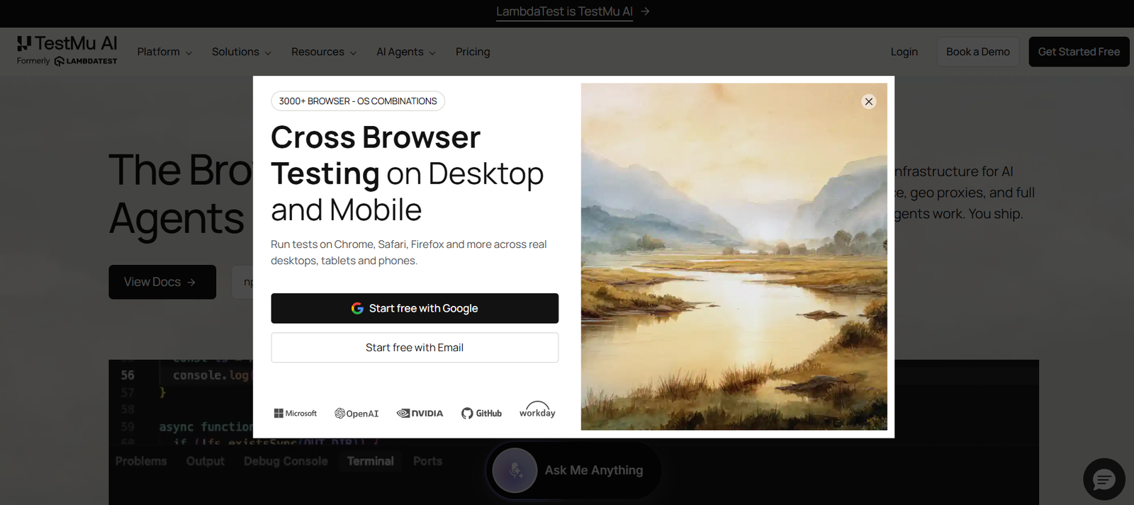29 - Popup modal promoting Cross Browser Testing on Desktop and Mobile; landscape painting on the right side.