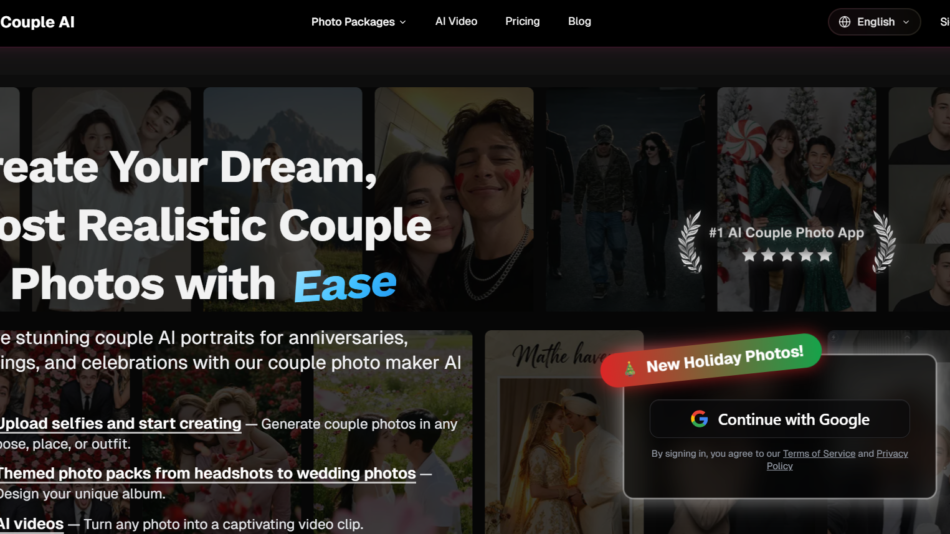 Hero banner: bold white text over a collage of couple photos promoting AI-generated photos.