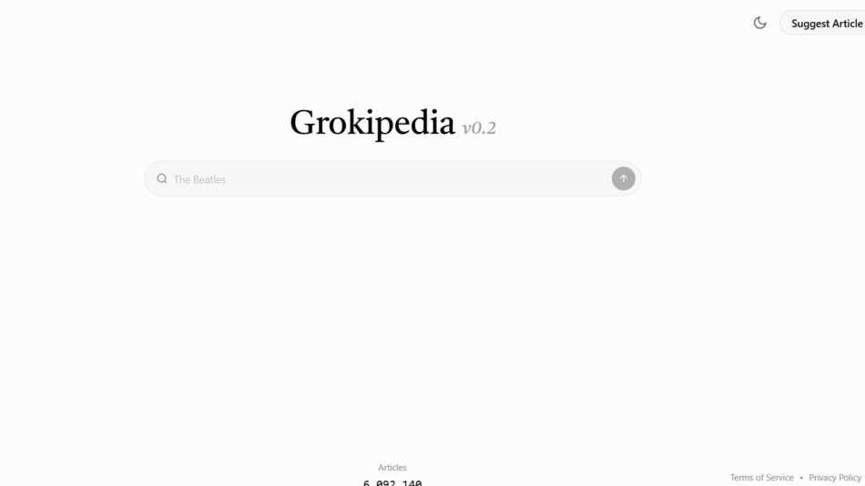 Grokepedia homepage hero with centered 'Grokipedia v0.2' title and a rounded search bar reading 'The Beatles', plus top-right 'Suggest Article' and 'Sign in' buttons.