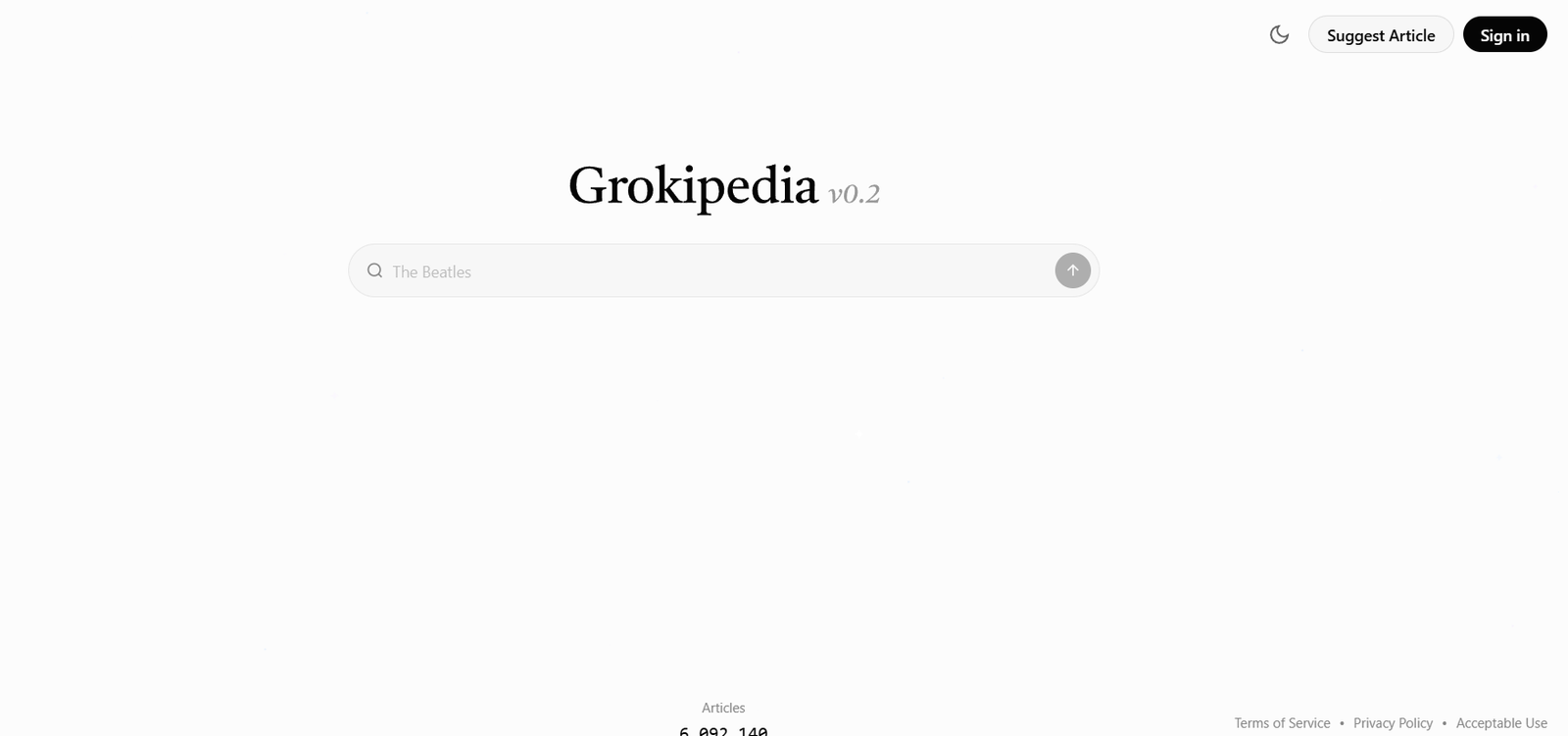 29 - Grokepedia homepage hero with centered 'Grokipedia v0.2' title and a rounded search bar reading 'The Beatles', plus top-right 'Suggest Article' and 'Sign in' buttons.