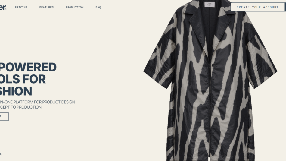 29 - Hero banner with a beige background showing a zebra-pattern coat on the right and bold title 'AI-Powered Tools for Fashion' on the left, plus a subheading and sign-up button text nearby.