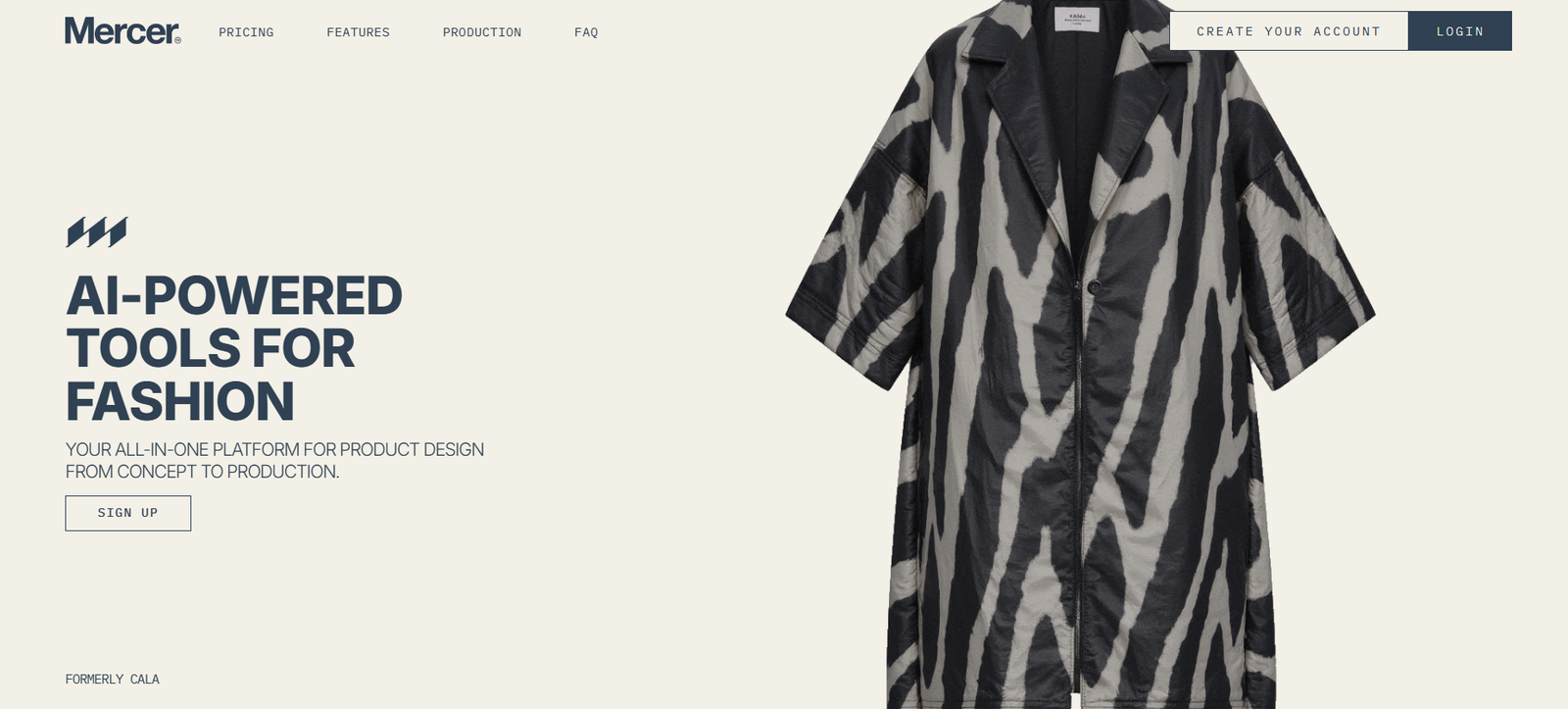 29 - Hero banner with a beige background showing a zebra-pattern coat on the right and bold title 'AI-Powered Tools for Fashion' on the left, plus a subheading and sign-up button text nearby.
