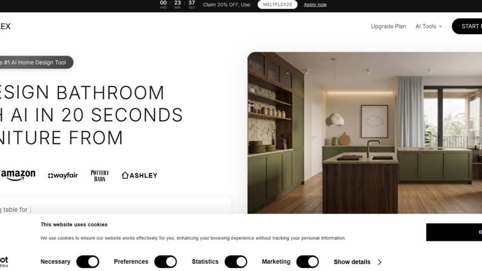 3 - Promotional hero with a bold headline about redesigning a bathroom with AI in 20 seconds; brand logos below (IKEA, Amazon, Wayfair, Pottery Barn, Ashley) and a modern kitchen image on the right.