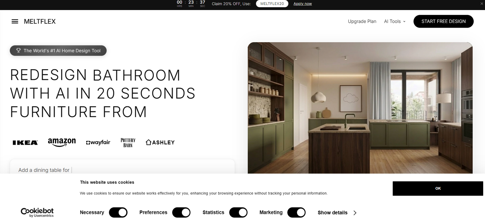 3 - Promotional hero with a bold headline about redesigning a bathroom with AI in 20 seconds; brand logos below (IKEA, Amazon, Wayfair, Pottery Barn, Ashley) and a modern kitchen image on the right.