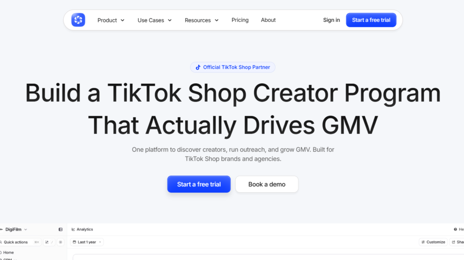 3 - Hero header with a bold, large headline about building a TikTok Shop program and two call-to-action buttons: Start a free trial and Book a demo.