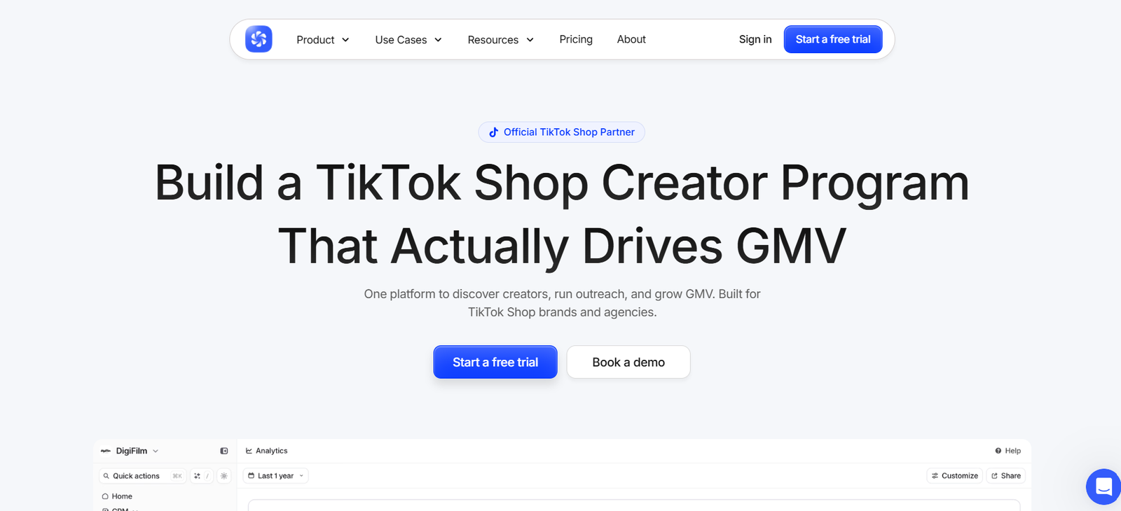 3 - Hero header with a bold, large headline about building a TikTok Shop program and two call-to-action buttons: Start a free trial and Book a demo.
