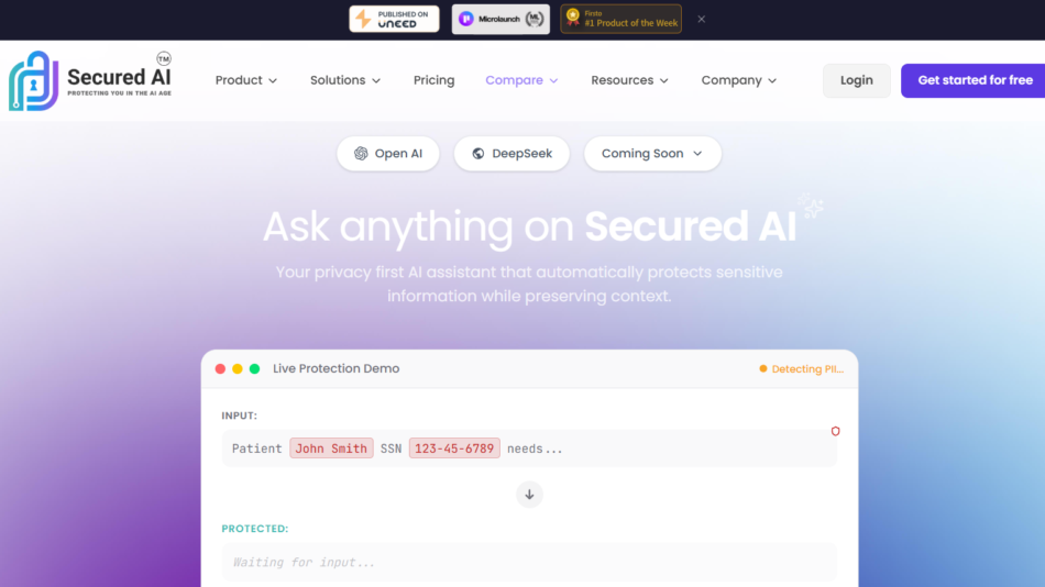 3 - Hero section for Secured AI with a purple-to-blue gradient background, large title 'Ask anything on Secured AI' and three rounded pills: Open AI, DeepSeek, Coming Soon, plus header navigation at the top.
