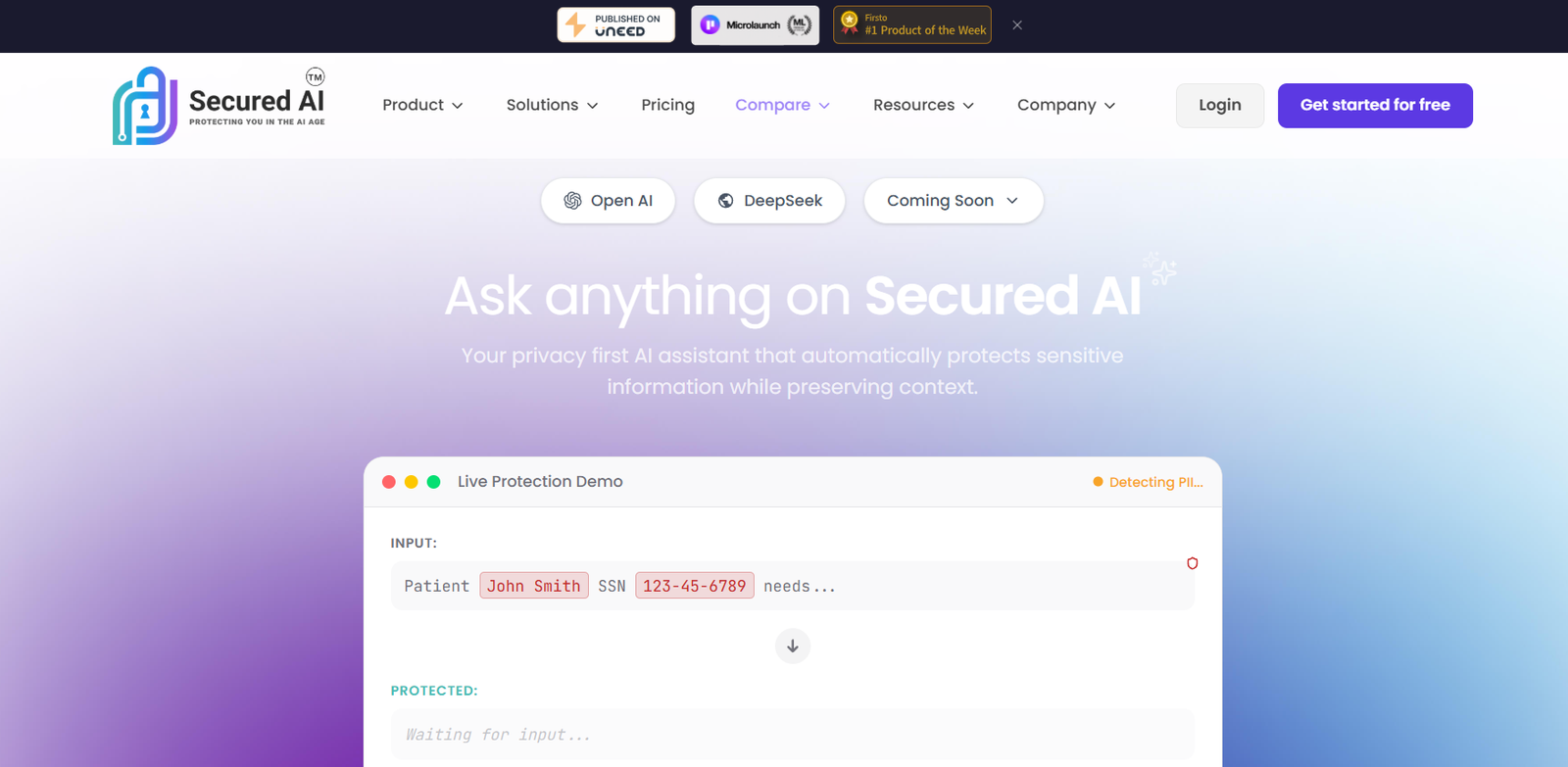 3 - Hero section for Secured AI with a purple-to-blue gradient background, large title 'Ask anything on Secured AI' and three rounded pills: Open AI, DeepSeek, Coming Soon, plus header navigation at the top.