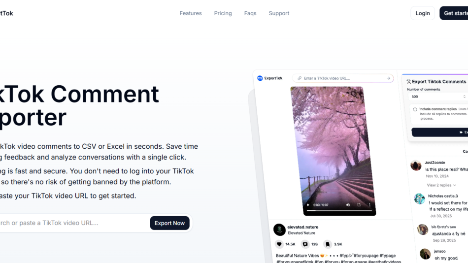 Hero banner for ExportTok: TikTok Comment Exporter product page with navigation and call-to-action buttons visible at top left and right.