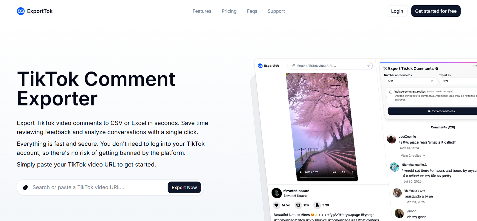 3 - Hero banner for ExportTok: TikTok Comment Exporter product page with navigation and call-to-action buttons visible at top left and right.