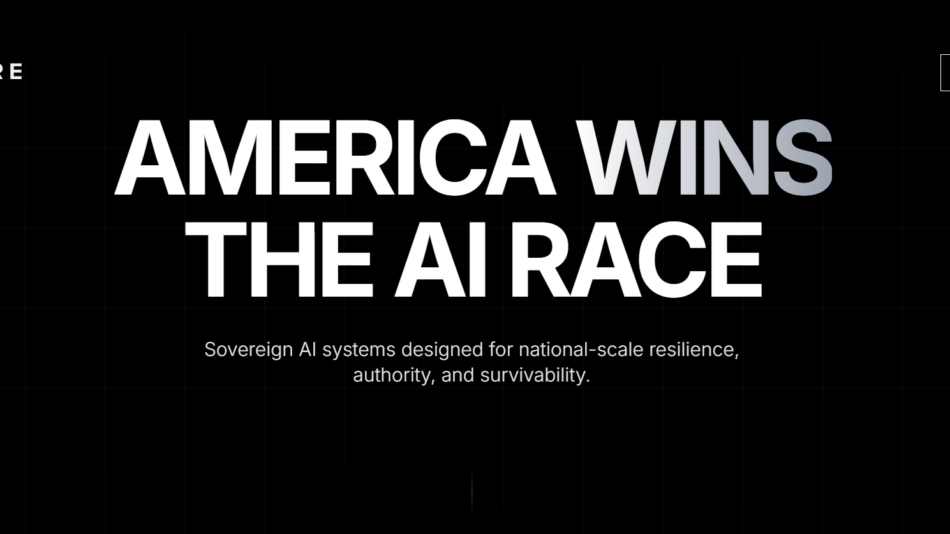 Bold headline 'AMERICA WINS THE AI RACE' on a black grid background, with LORE logo top-left, a bordered Contact button top-right, and a subtitle about sovereign AI systems.