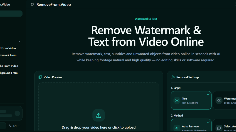 3 - Dark UI screenshot of RemoveFrom.Video showing a large headline 'Remove Watermark & Text from Video Online' with a left navigation menu and a 'Video Preview' pane under Removal Settings.