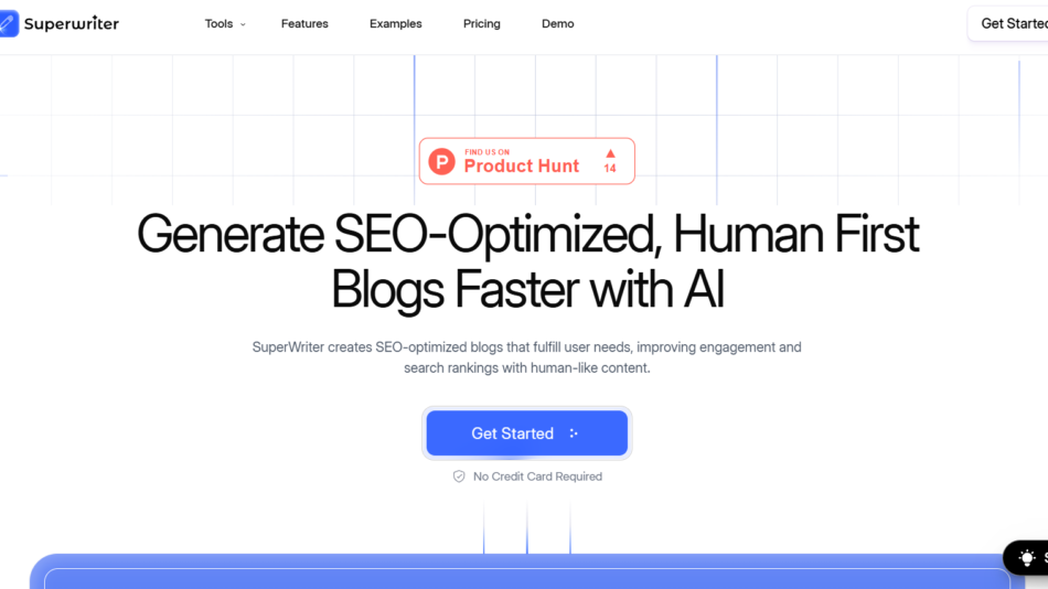 3 - Hero header for Superwriter homepage with logo and navigation, featuring the large headline: 'Generate SEO-Optimized, Human First Blogs Faster with AI' and a prominent Get Started button.