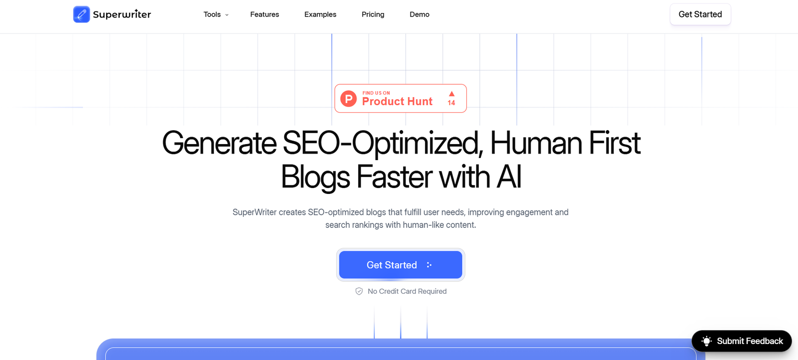 3 - Hero header for Superwriter homepage with logo and navigation, featuring the large headline: 'Generate SEO-Optimized, Human First Blogs Faster with AI' and a prominent Get Started button.