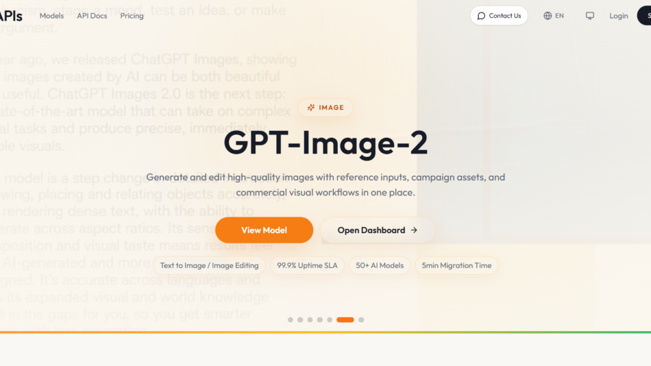 30 - Hero banner for GPT-Image-2: large title 'GPT-Image-2' with a tagline and an orange 'View Model' button on a pale gradient background with ToAPIs header actions visible