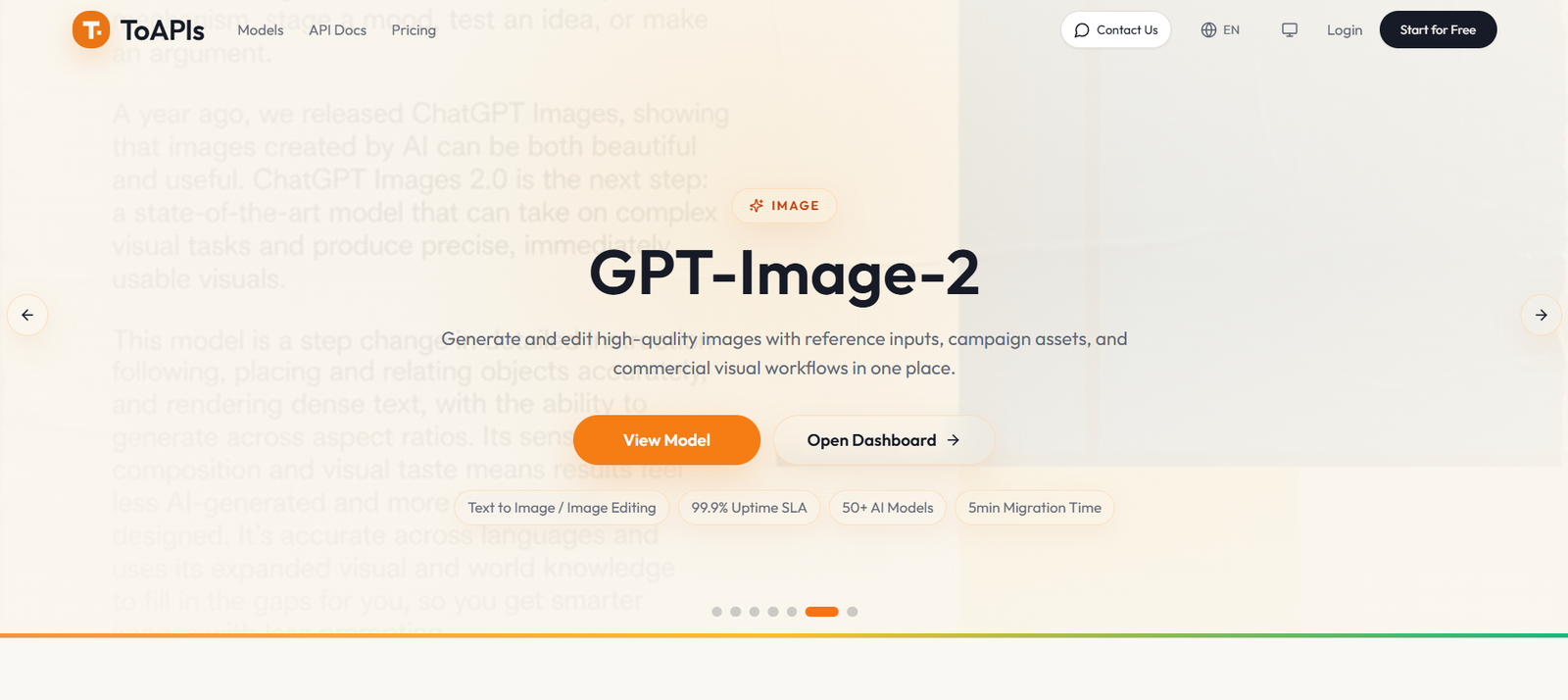 30 - Hero banner for GPT-Image-2: large title 'GPT-Image-2' with a tagline and an orange 'View Model' button on a pale gradient background with ToAPIs header actions visible