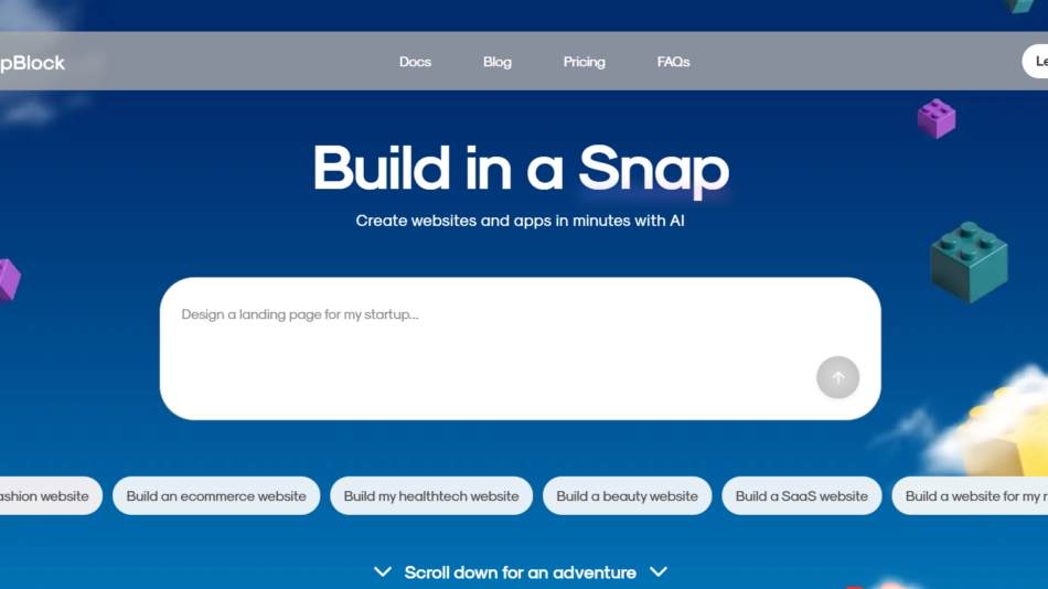 30 - Hero section for SnapBlock: blue gradient background with floating colorful build-blocks, site logo and navigation bar at top, and a large headline 'Build in a Snap' with a white rounded callout box below.