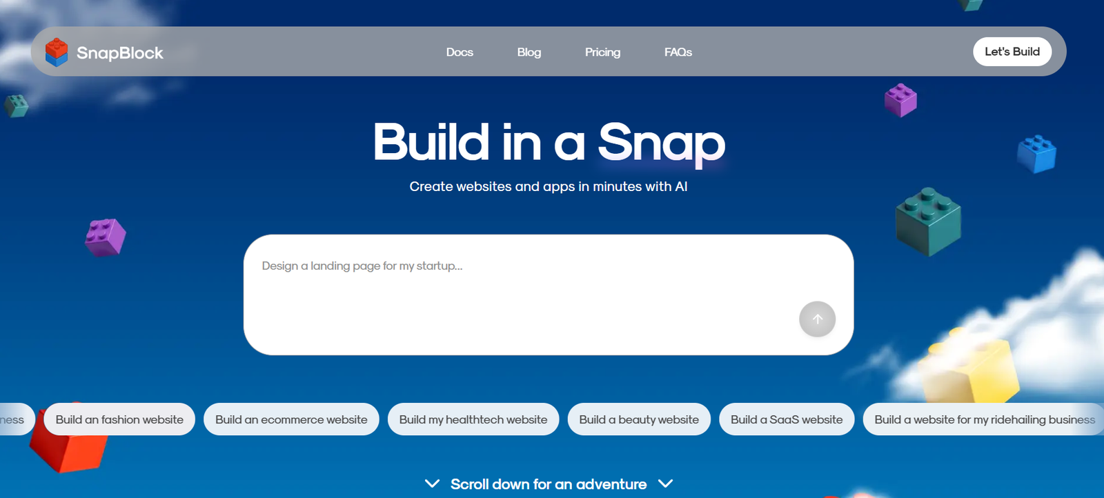 30 - Hero section for SnapBlock: blue gradient background with floating colorful build-blocks, site logo and navigation bar at top, and a large headline 'Build in a Snap' with a white rounded callout box below.