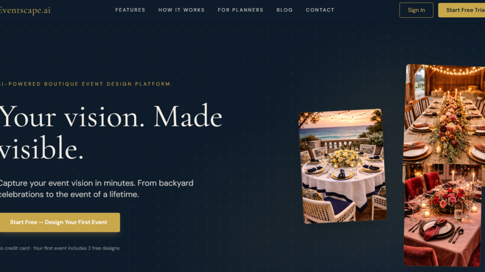 Hero banner for Eventscape.ai with the headline 'Your vision. Made visible.' and two vertical photos of styled tables on the right.