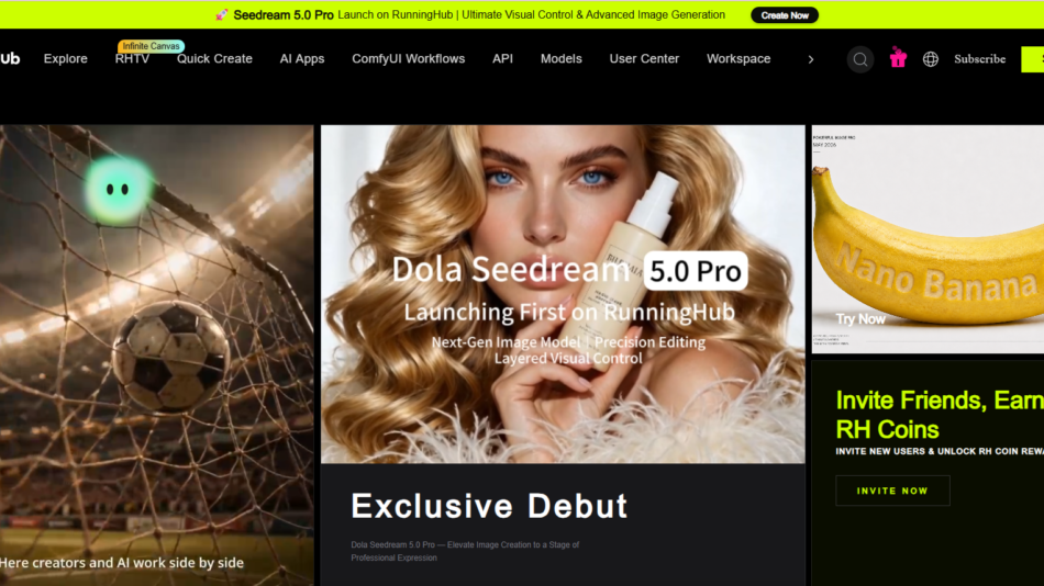 Homepage hero: left soccer goal/net image, center Dola Seedream 5.0 Pro promo featuring a model, right banana ad; below is a dark 'Exclusive Debut' banner with text.