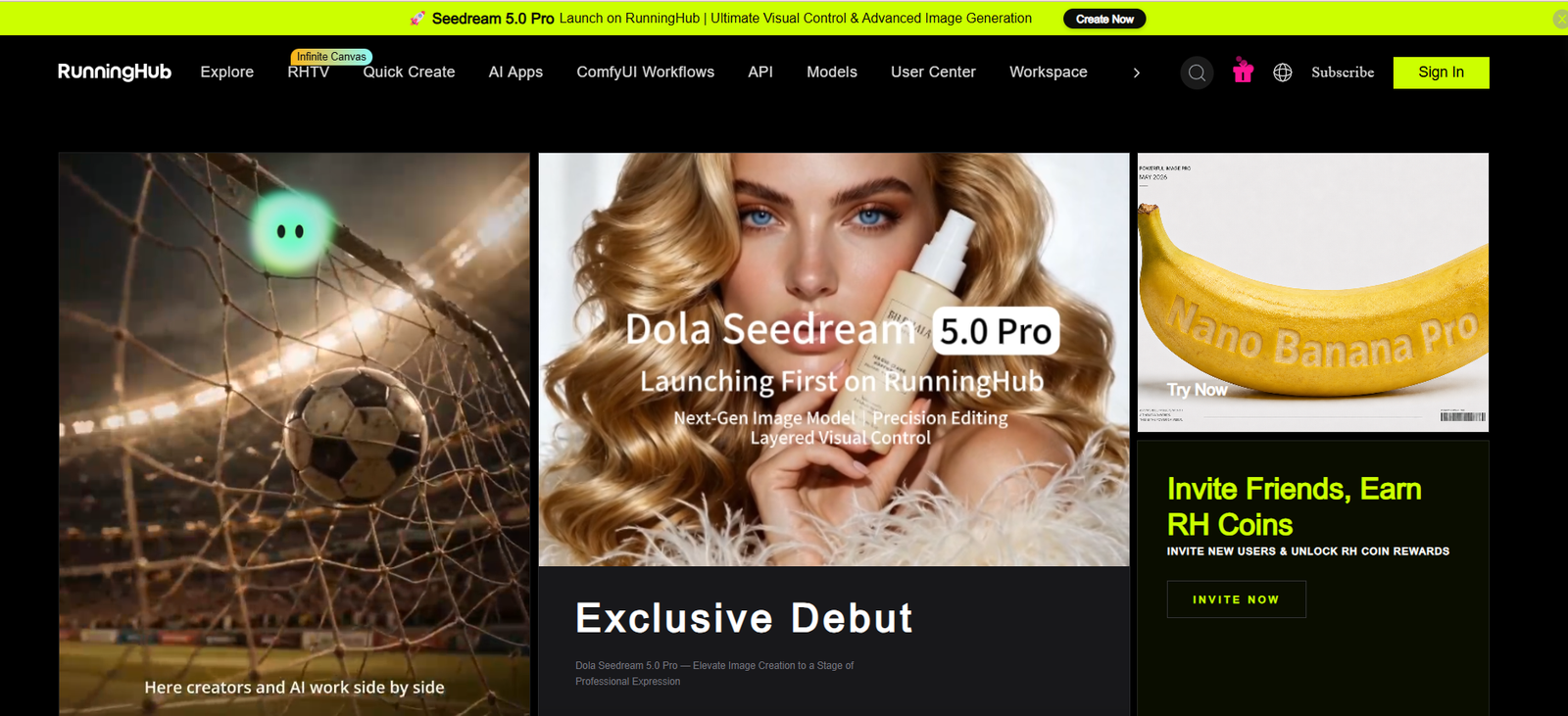 30 - Homepage hero: left soccer goal/net image, center Dola Seedream 5.0 Pro promo featuring a model, right banana ad; below is a dark 'Exclusive Debut' banner with text.
