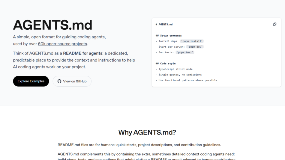 Hero section for AGENTS.md with a bold title, descriptive text, two call-to-action buttons, and a right-side code sample card.