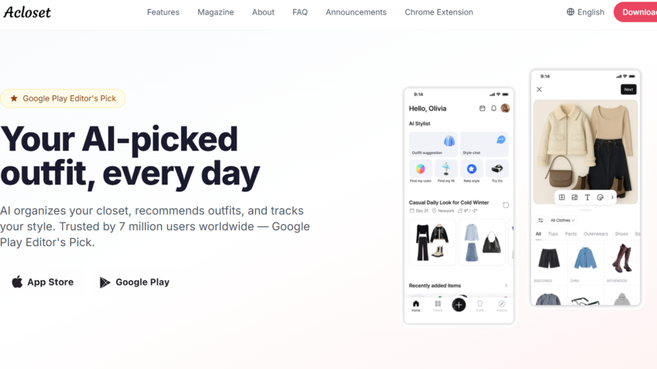 30 - Hero banner for Aclset app: headline 'Your AI-picked outfit, every day' with a 'Google Play Editor's Pick' badge and two smartphone screens showcasing the app UI.