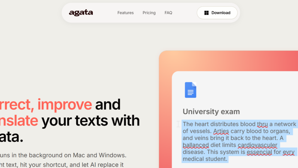 31 - Hero section for Agata: headline about correcting, improving, and translating texts with a document mockup beside it.