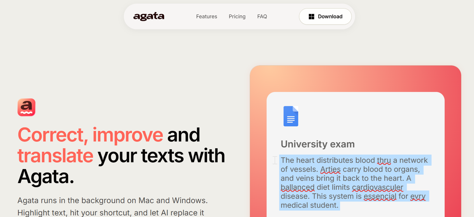 31 - Hero section for Agata: headline about correcting, improving, and translating texts with a document mockup beside it.