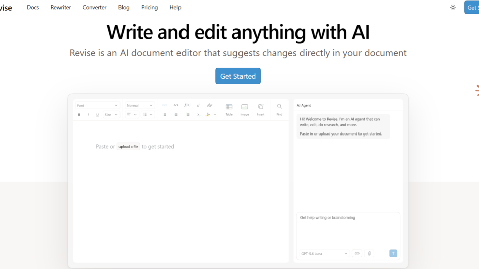 31 - Hero section: headline 'Write and edit anything with AI' with navigation bar and Get Started button for Revise, an AI document editor (decorative icons surround).