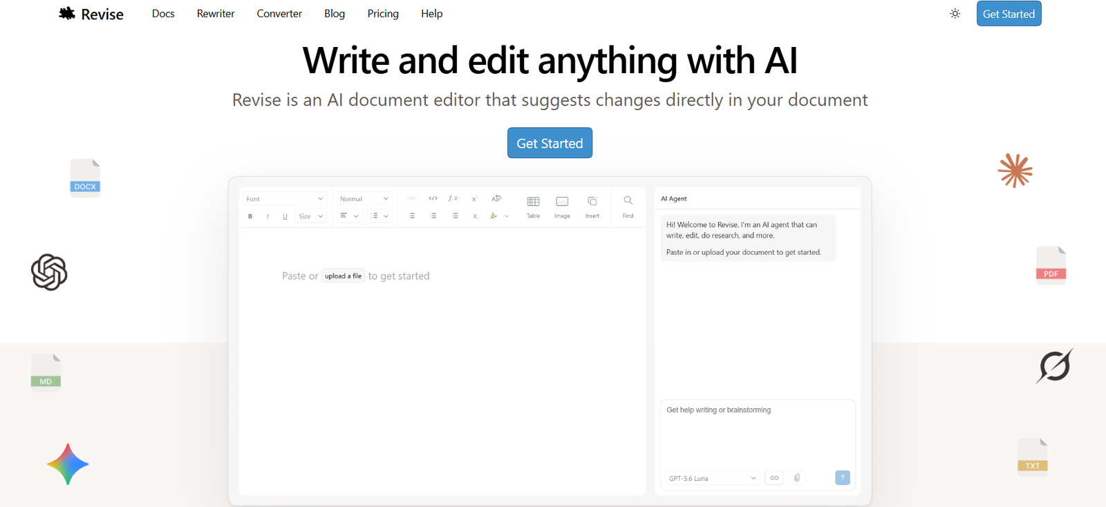 31 - Hero section: headline 'Write and edit anything with AI' with navigation bar and Get Started button for Revise, an AI document editor (decorative icons surround).