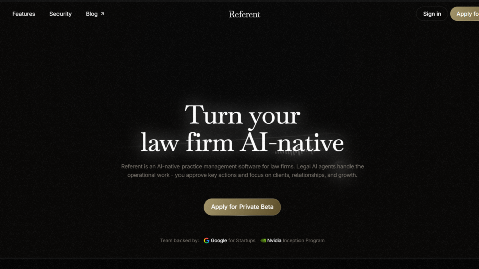 31 - Hero banner with large white headline 'Turn your law firm AI-native' and a gold 'Apply for Private Beta' button on a dark textured background with navigation at the top.