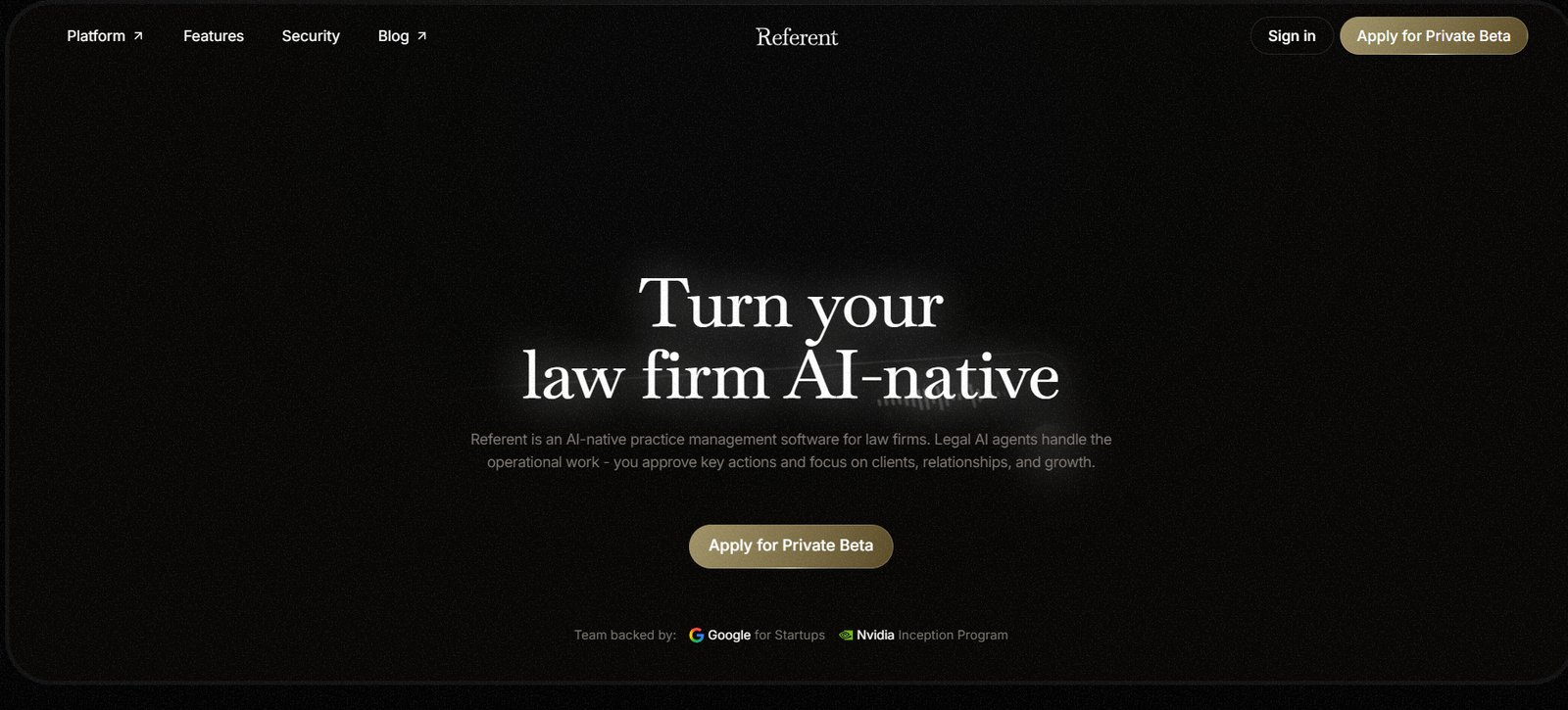 31 - Hero banner with large white headline 'Turn your law firm AI-native' and a gold 'Apply for Private Beta' button on a dark textured background with navigation at the top.