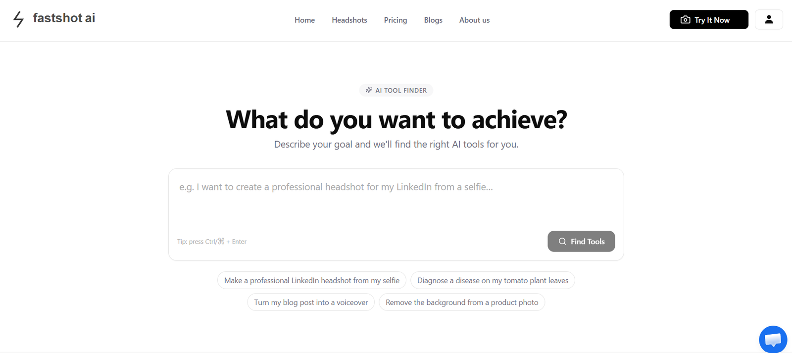 31 - Hero section with bold question 'What do you want to achieve?' and a large rounded search box to describe goals for AI tools, on a white page.
