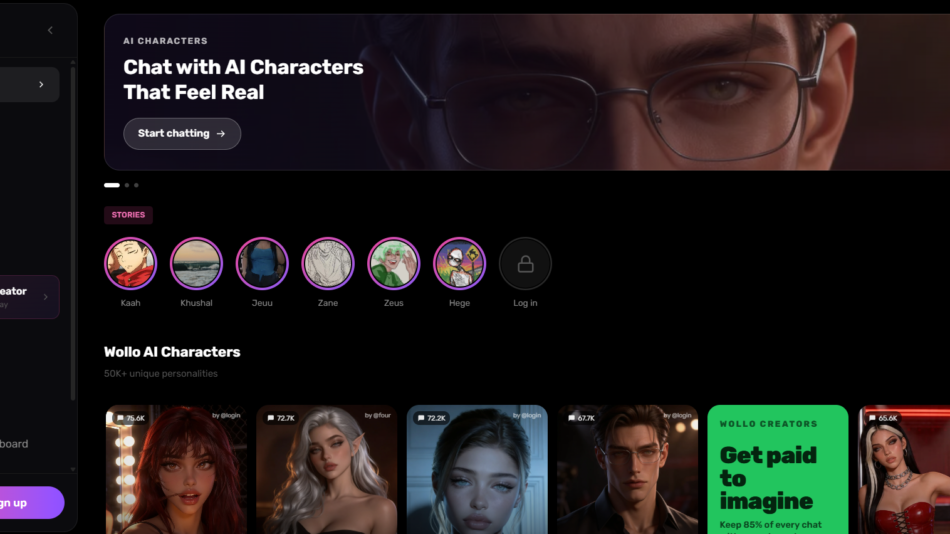 Wollo app homepage UI in dark mode with left navigation and a hero banner reading 'Chat with AI Characters That Feel Real' plus a 'Start chatting' button and circular character avatars row beneath.