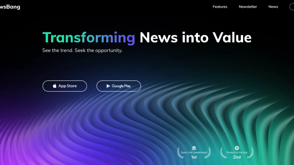 32 - Hero banner: 'Transforming News into Value' with gradient wave background and two outlined download buttons (App Store, Google Play).