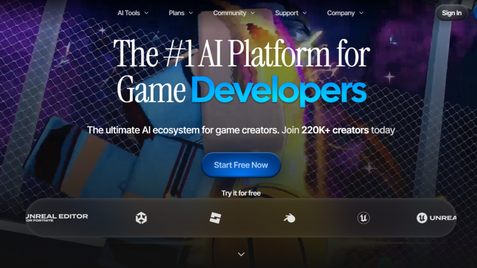 32 - Hero banner for ForgeGUI: The #1 AI Platform for Game Developers with a blue 'Start Free Now' button and colorful background behind a mesh fence.",