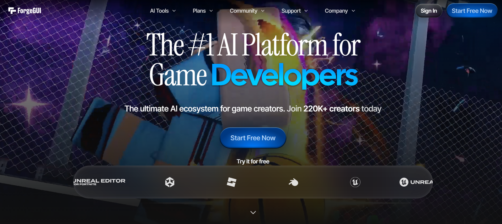 32 - Hero banner for ForgeGUI: The #1 AI Platform for Game Developers with a blue 'Start Free Now' button and colorful background behind a mesh fence.",