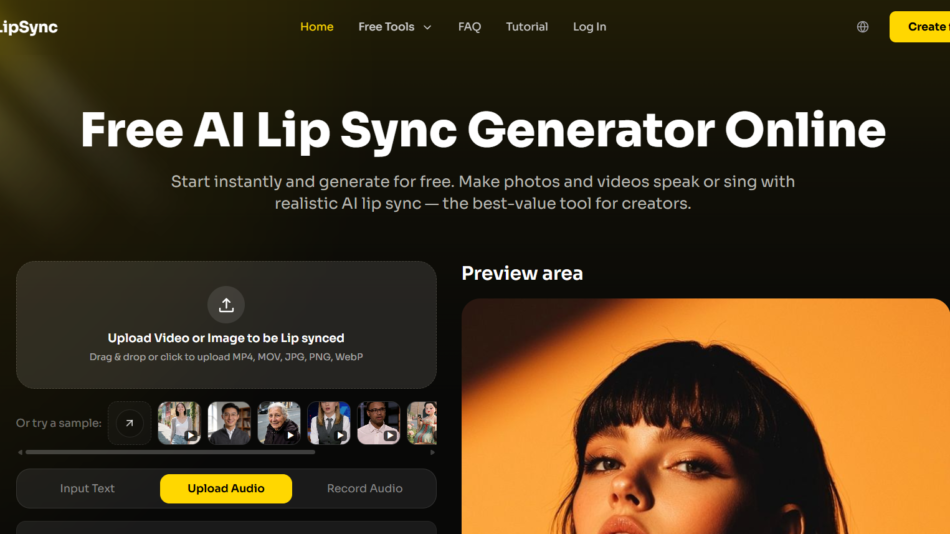 32 - Dark hero banner with bold white title 'Free AI Lip Sync Generator Online', subtitle, left upload panel, and right orange-background portrait preview area.