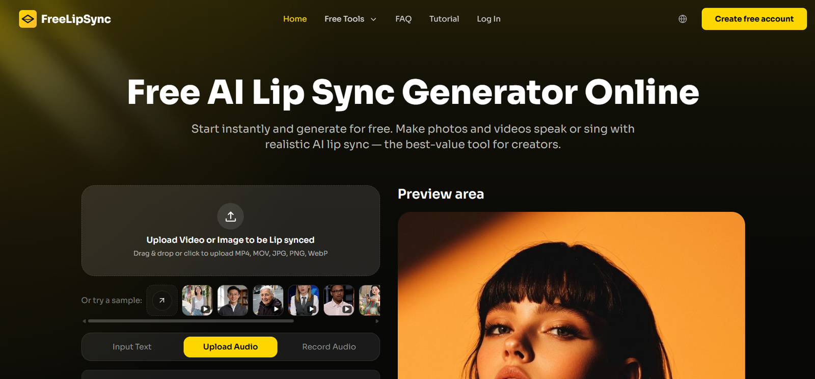 32 - Dark hero banner with bold white title 'Free AI Lip Sync Generator Online', subtitle, left upload panel, and right orange-background portrait preview area.