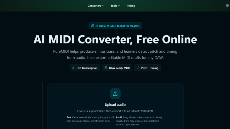 Hero section: AI MIDI Converter, Free Online with subtitle about exporting MIDI; badge above and three feature buttons (Fast transcription, DAW-ready MIDI, Pitch + timing). Upload audio area below.