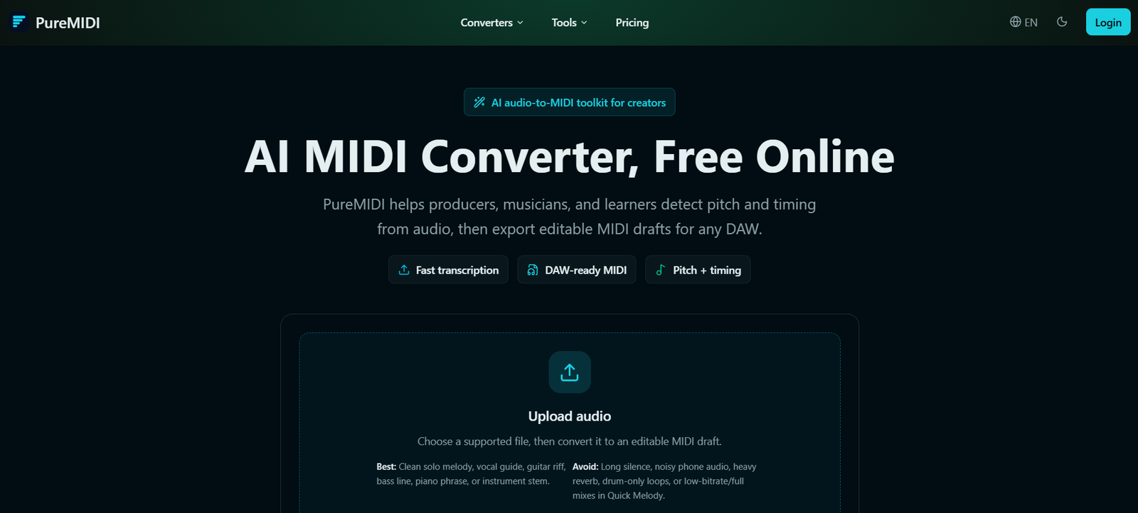 32 - Hero section: AI MIDI Converter, Free Online with subtitle about exporting MIDI; badge above and three feature buttons (Fast transcription, DAW-ready MIDI, Pitch + timing). Upload audio area below.