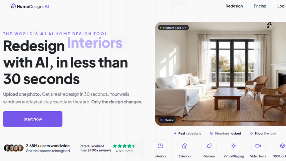 32 - Hero section for AI interior design: bold headline with a rounded living-room image on the right inviting users to start and try the tool.