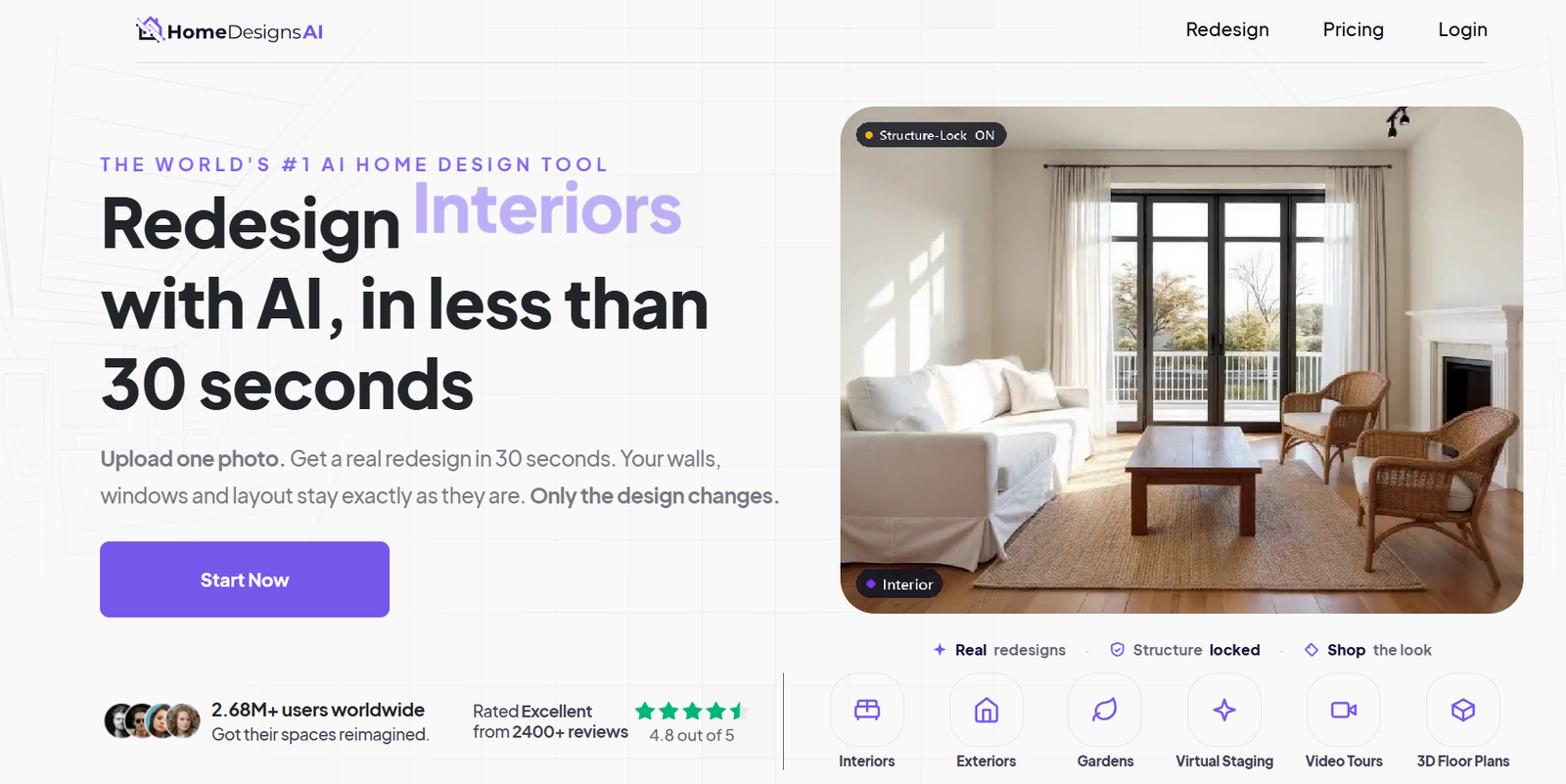 32 - Hero section for AI interior design: bold headline with a rounded living-room image on the right inviting users to start and try the tool.