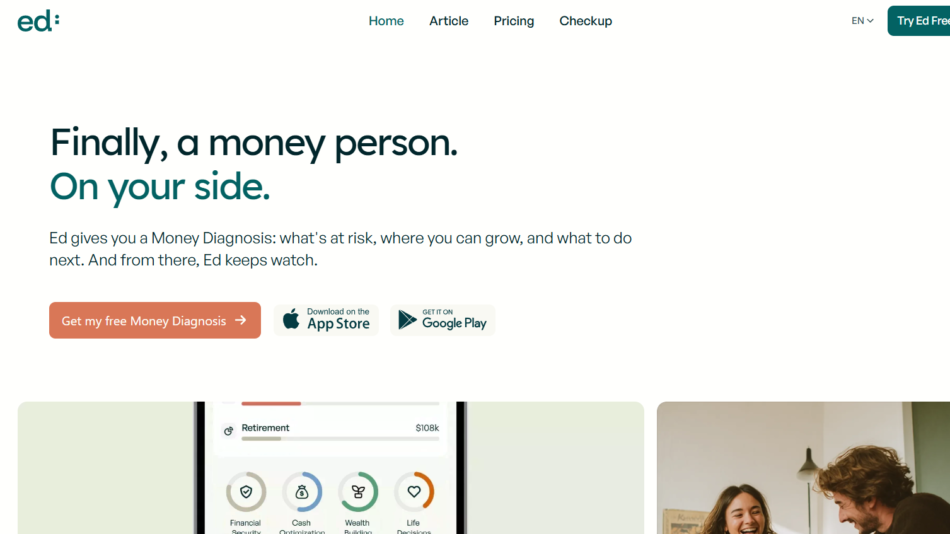 Hero section: headline 'Finally, a money person. On your side.' with subheading and a primary CTA 'Get my free Money Diagnosis' plus App Store and Google Play badges.